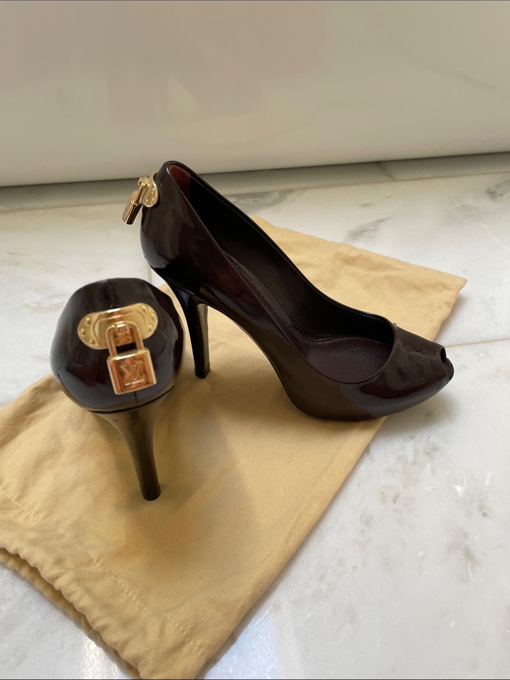 Louis Vuitton Brown Patent Peep-Toe Stiletto Heels with Gold Hardware